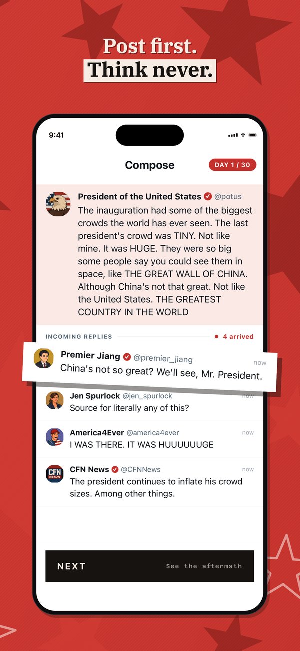 A post and the replies it gets. Caption: Post first. Think never.